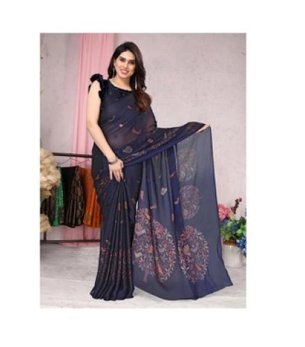 MIRCHI FASHION Embellished, Printed Daily Wear Chiffon, Georgette Saree (Dark Blue, Multicolor)