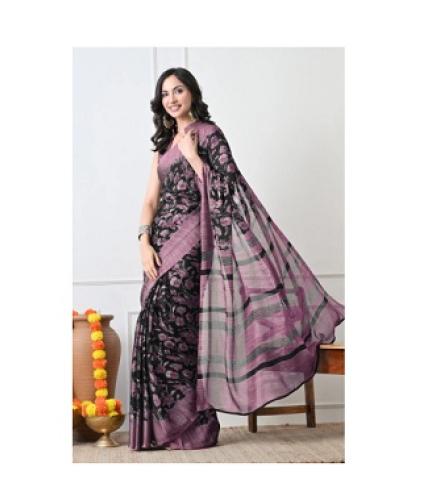 MIRCHI FASHION Printed, Floral Print Daily Wear Chiffon, Georgette Saree (Purple, Black)