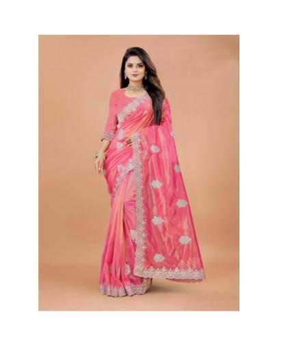 B bella creation Embroidered Bollywood Chiffon Saree (Pink, Silver)