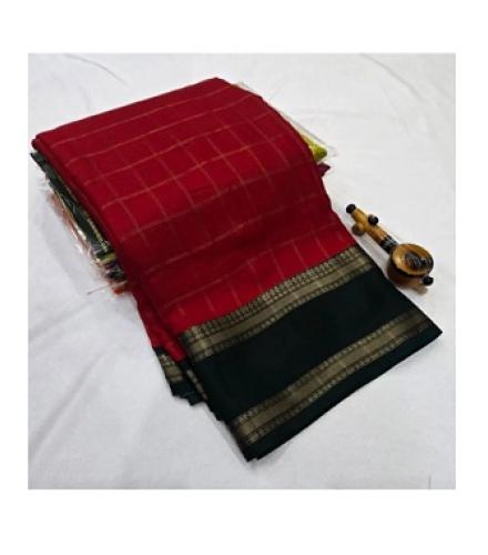 SILKORA Checkered, Woven Daily Wear Chiffon Saree (Red)
