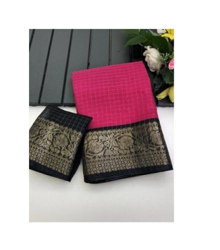 SILKORA Woven Daily Wear Cotton Linen Saree (Pink, Black)